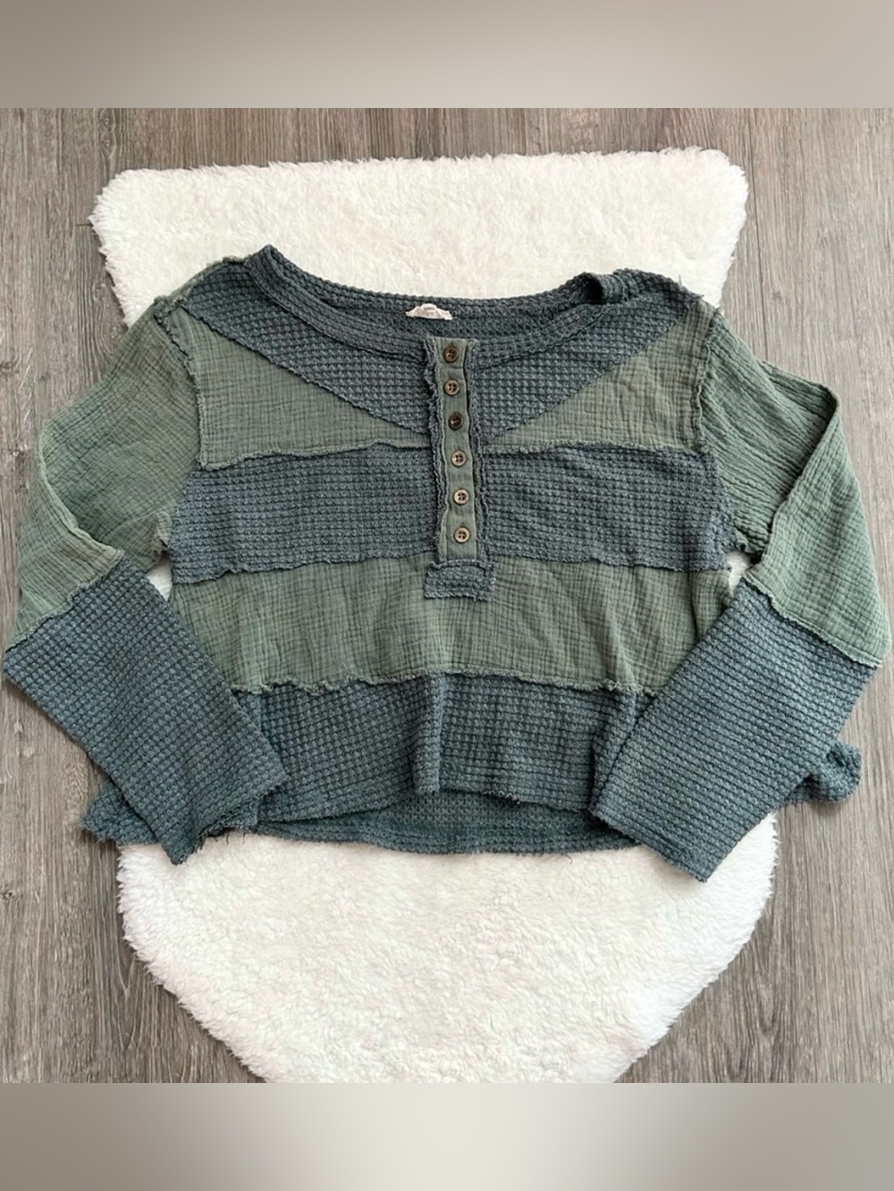 POL Patchwork Green Waffle Knit Long Sleeve Top